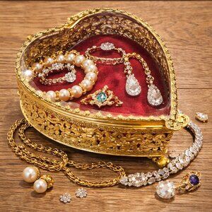 Vintage Ornate French Gilt Ormolu Basket Florals Details Heart Display Box